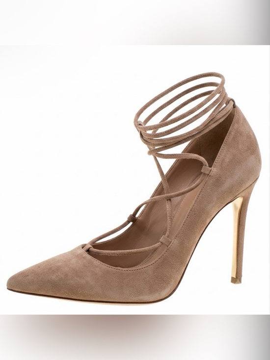 Gianvito Rossi Shoes - Gianvito Rossi Beige Suede Pointed Toe Lace Up Pumps